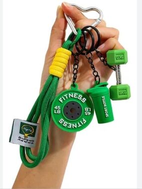 Green Fitness-Themed Keychain Set with Dumbbell & Bottle Charms